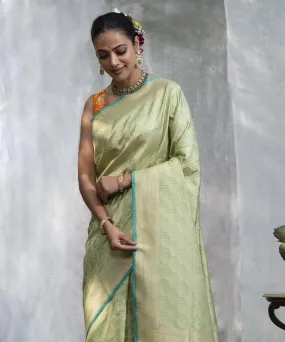 Handloom Pista Green With Embossed Weave Pure Katan Silk Banarasi Saree