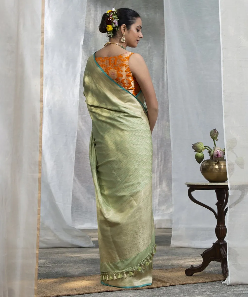 Handloom Pista Green With Embossed Weave Pure Katan Silk Banarasi Saree