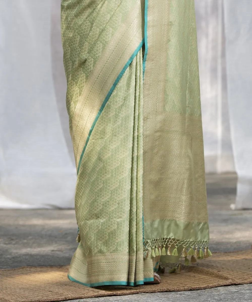 Handloom Pista Green With Embossed Weave Pure Katan Silk Banarasi Saree