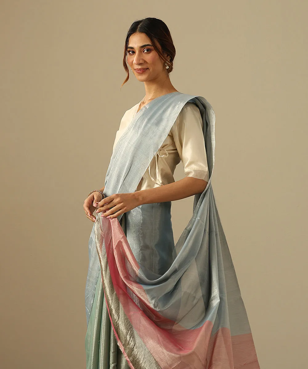 Handloom Powder Blue And Pastel Green Pure Tissue Chanderi Saree