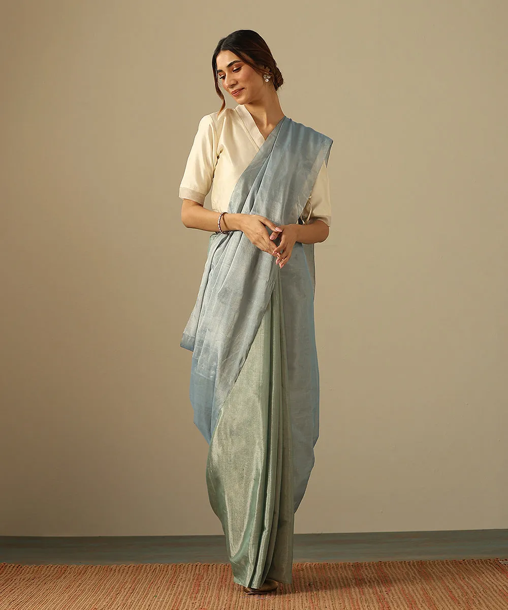 Handloom Powder Blue And Pastel Green Pure Tissue Chanderi Saree