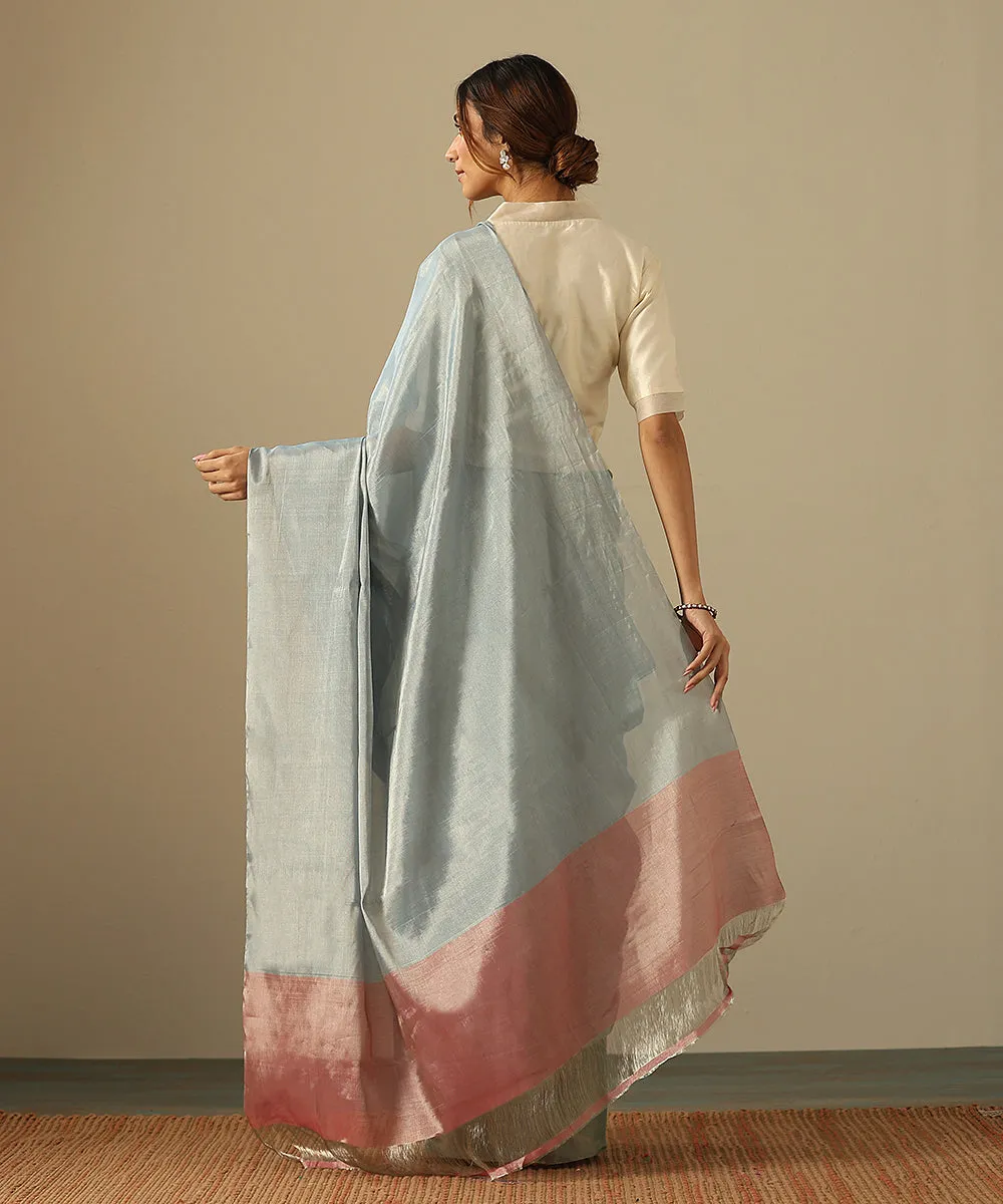 Handloom Powder Blue And Pastel Green Pure Tissue Chanderi Saree