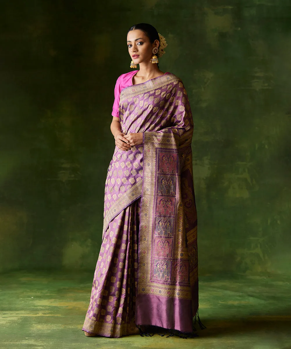 Handloom Purple Pure Malda Silk Banarasi Baluchari Saree With Kalka Pallu