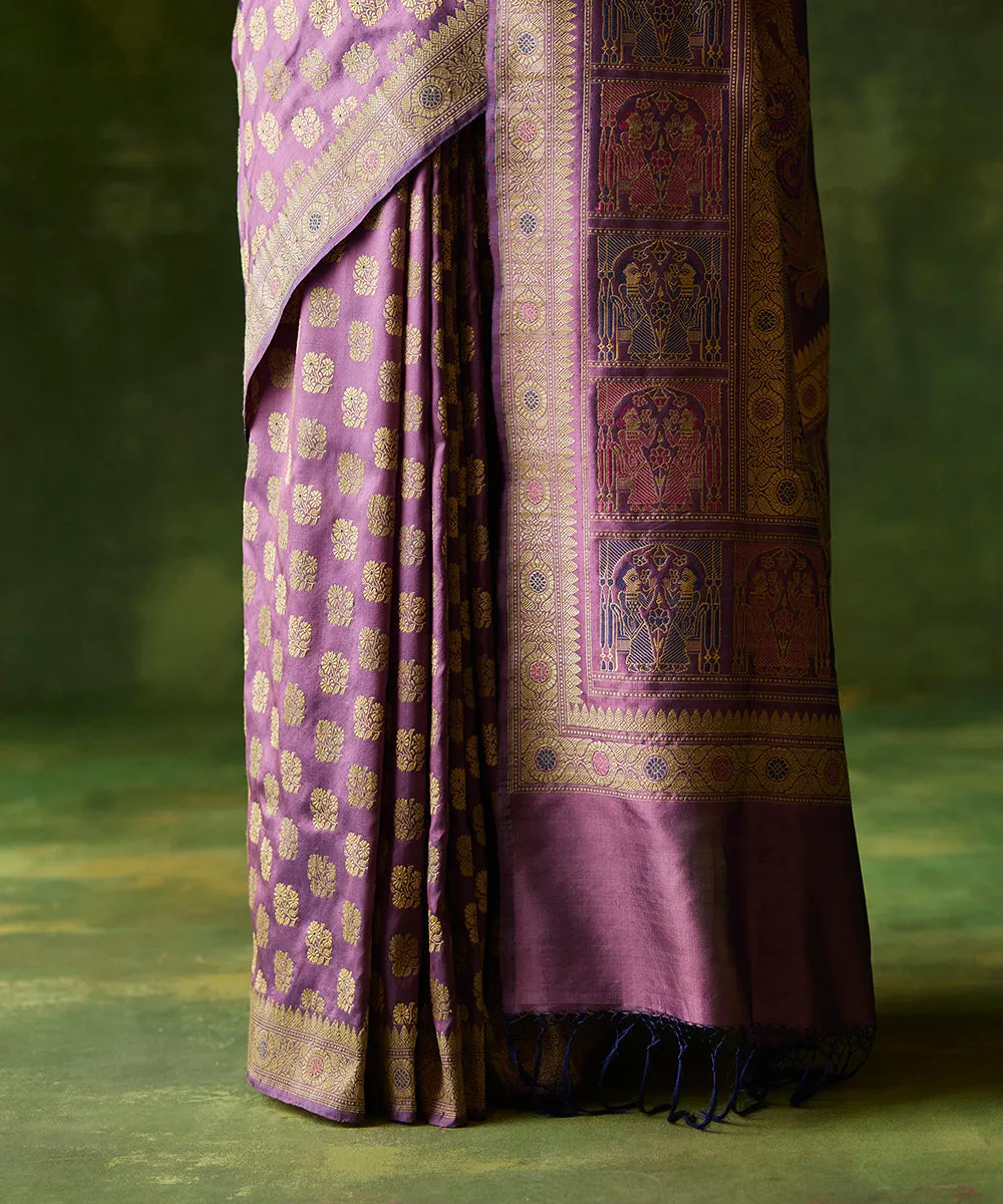 Handloom Purple Pure Malda Silk Banarasi Baluchari Saree With Kalka Pallu