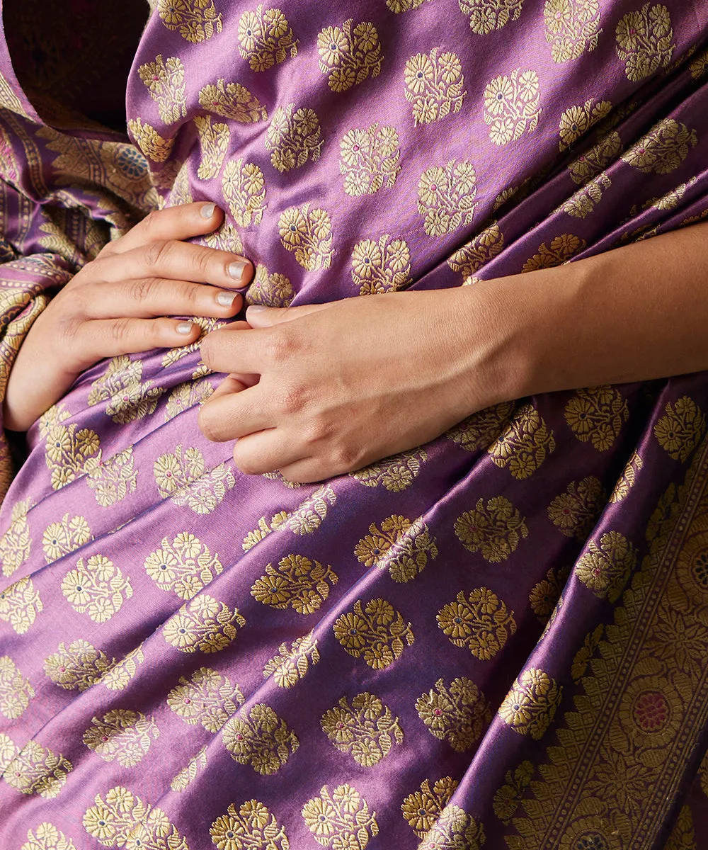 Handloom Purple Pure Malda Silk Banarasi Baluchari Saree With Kalka Pallu