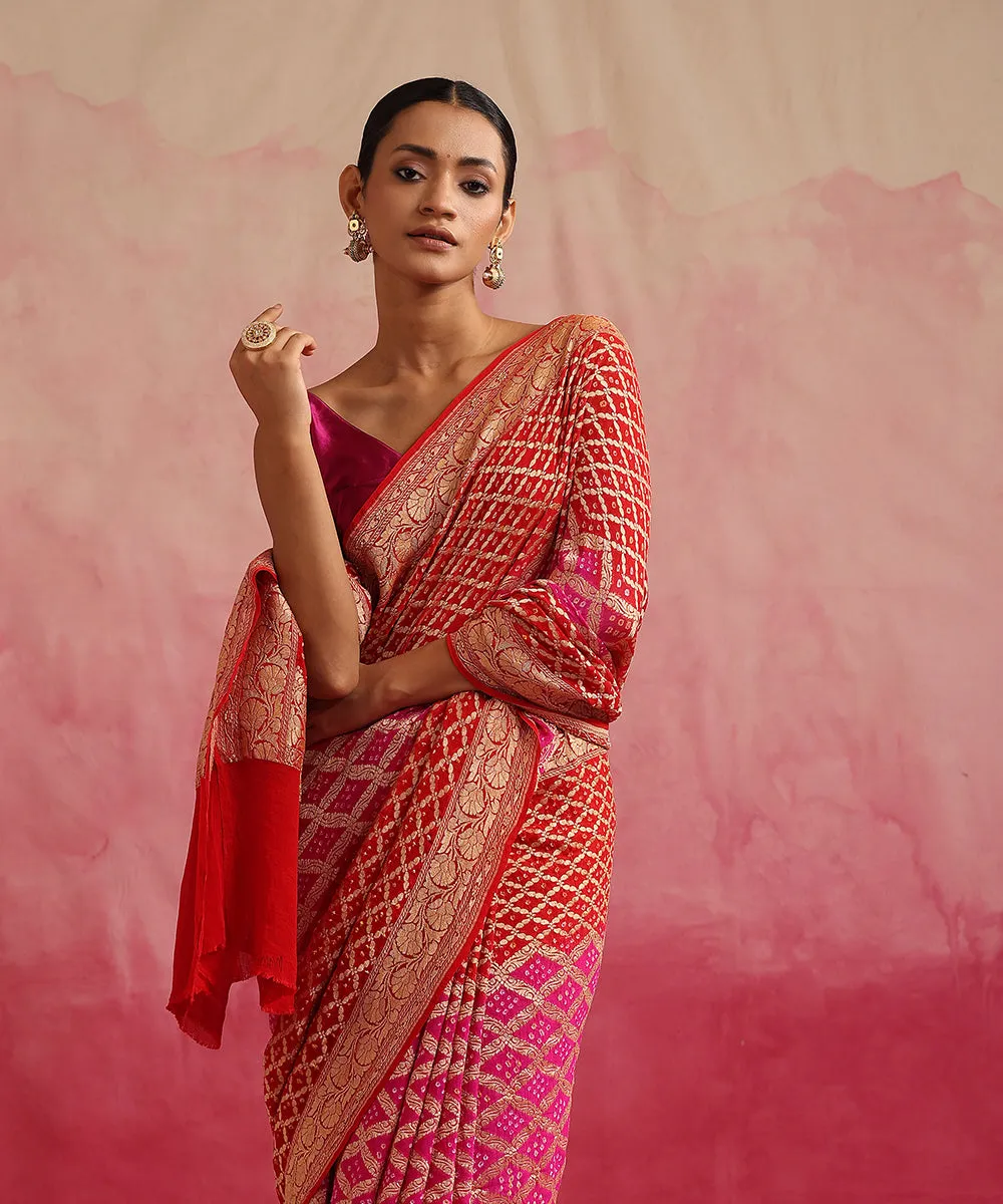 Handloom Red And Magenta Ombre Dyed Pure Georgette Banarasi Bandhej Saree