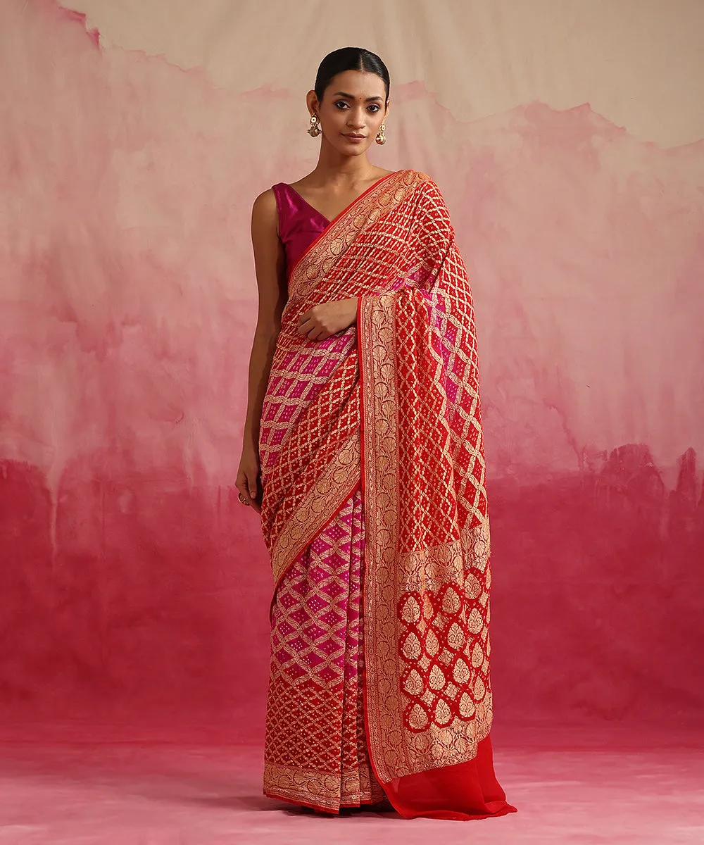 Handloom Red And Magenta Ombre Dyed Pure Georgette Banarasi Bandhej Saree