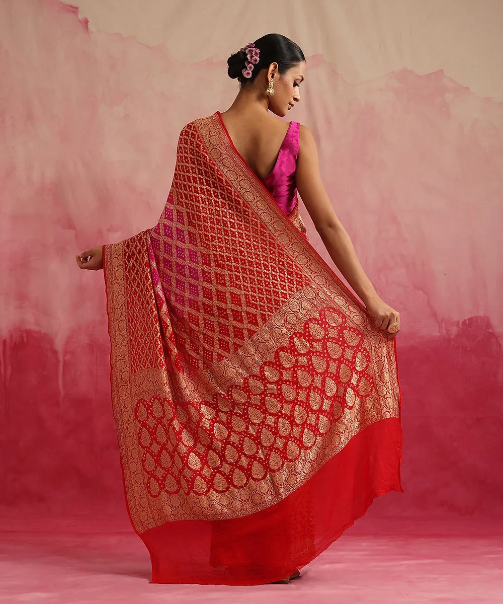 Handloom Red And Magenta Ombre Dyed Pure Georgette Banarasi Bandhej Saree