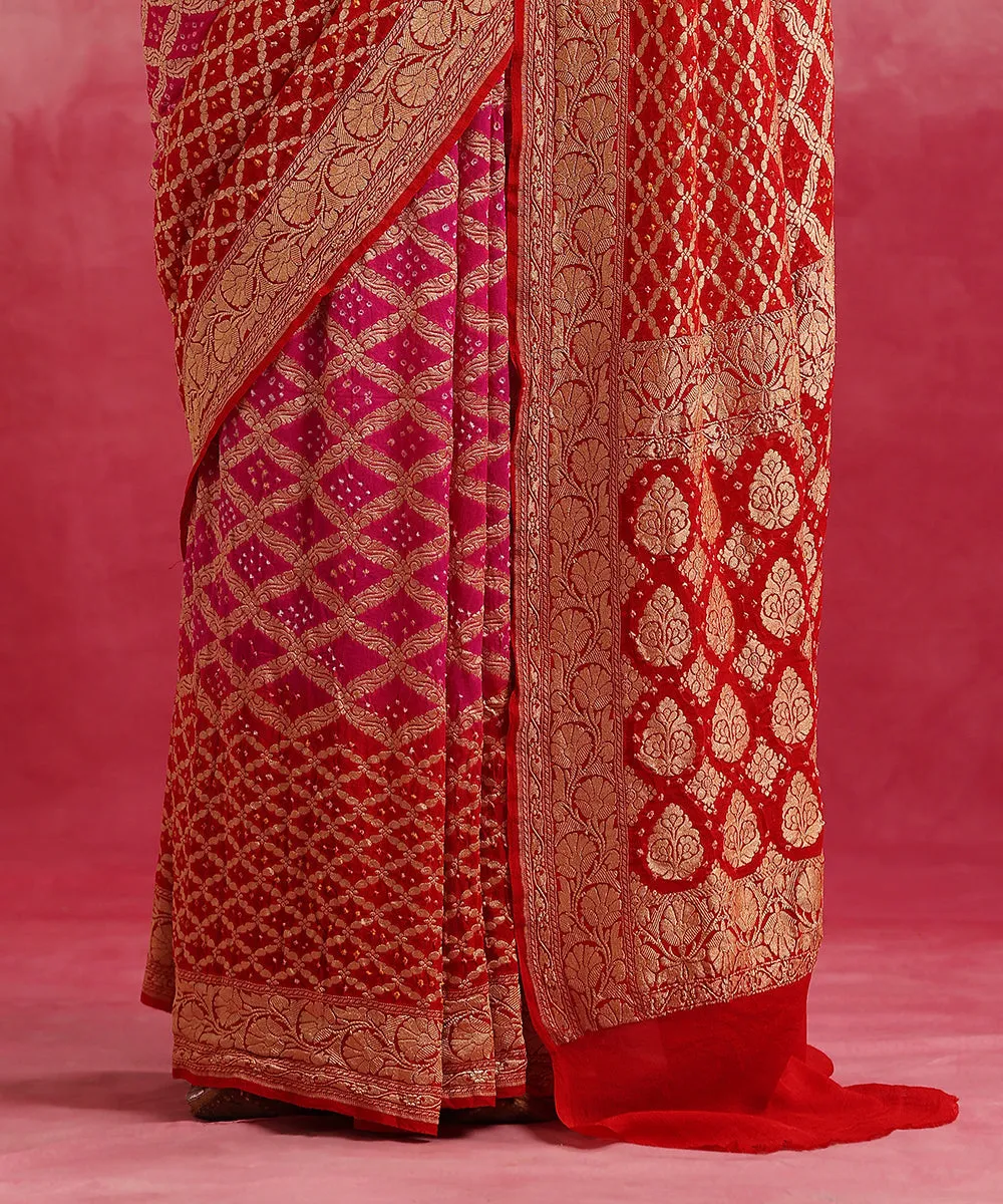 Handloom Red And Magenta Ombre Dyed Pure Georgette Banarasi Bandhej Saree