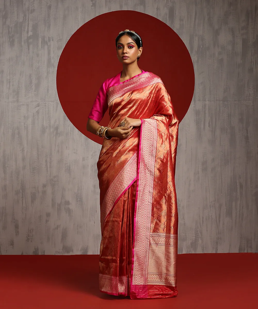 Handloom Red Pure Katan Silk Zari Tanchoi Banarasi Saree With Pink Border