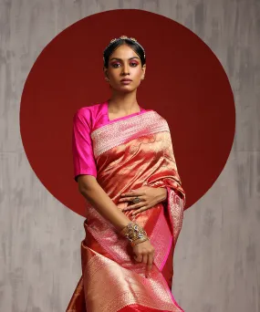 Handloom Red Pure Katan Silk Zari Tanchoi Banarasi Saree With Pink Border