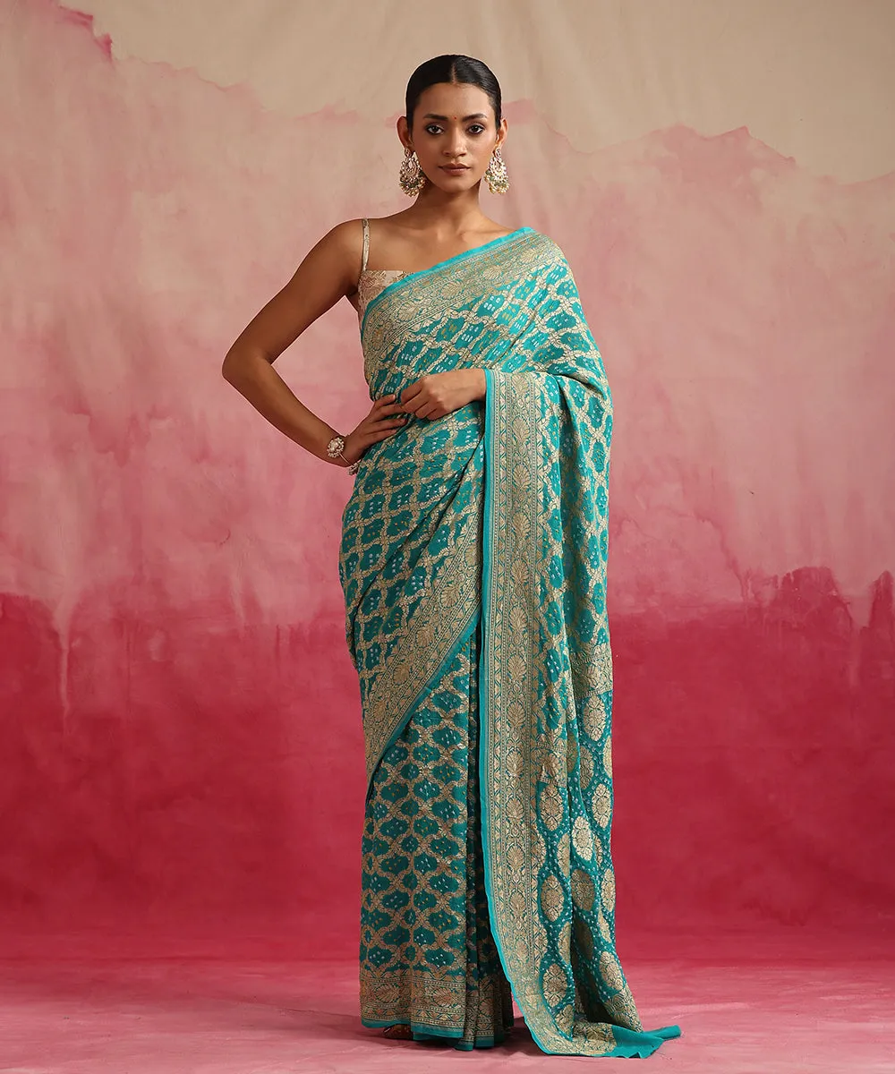 Handloom Turquoise Pure Georgette Banarasi Bandhej Saree