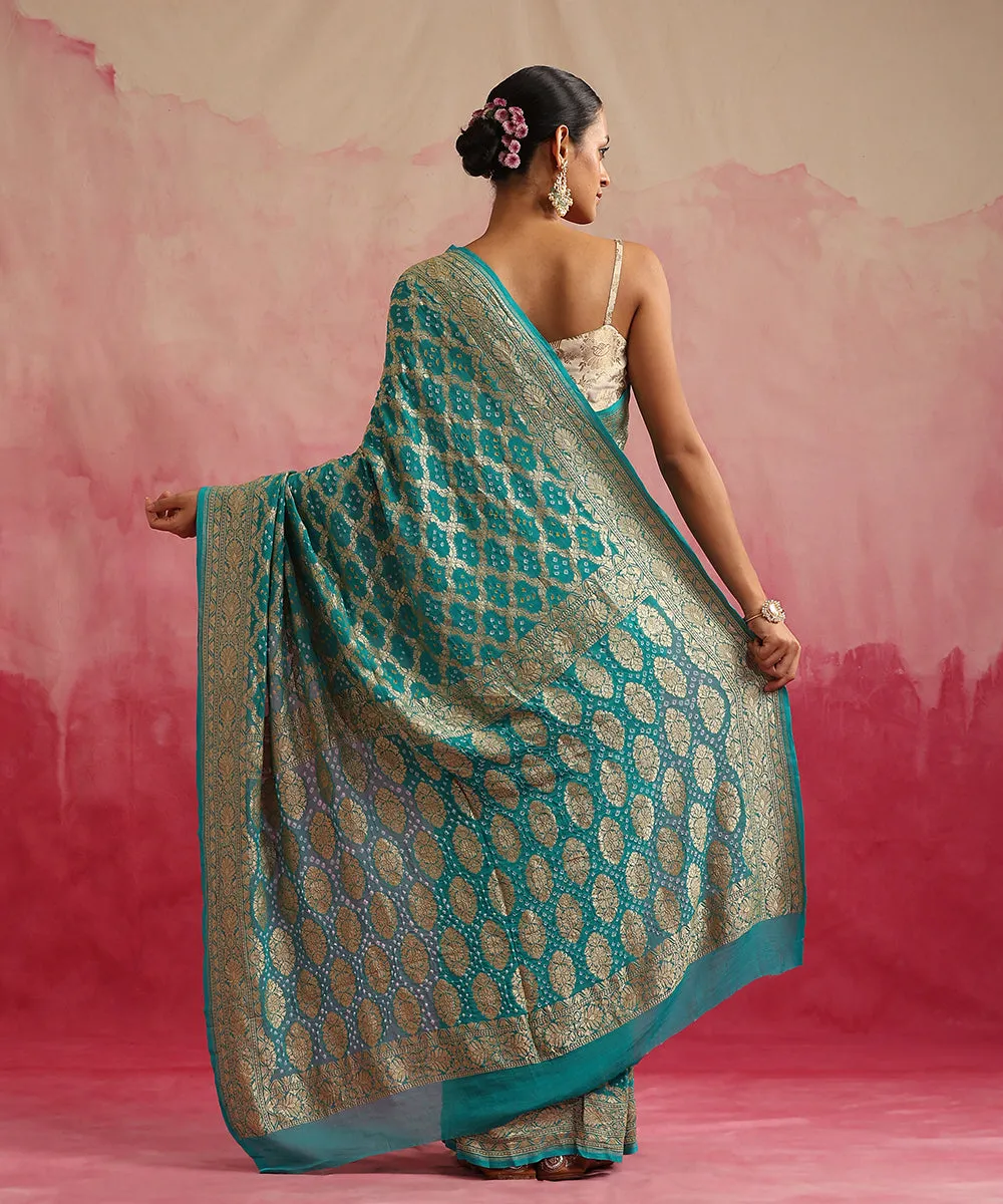 Handloom Turquoise Pure Georgette Banarasi Bandhej Saree