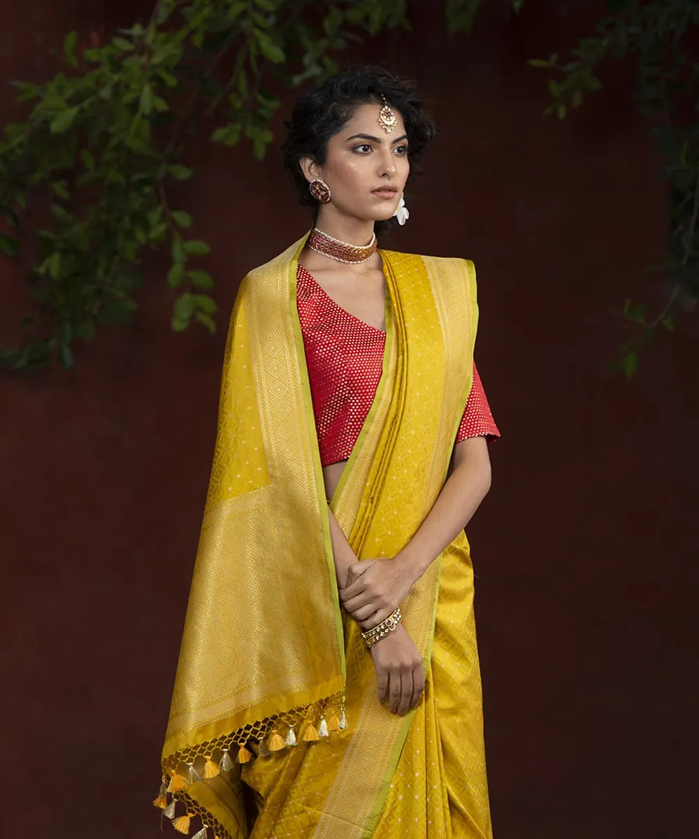 Handloom Yellow With Green Embossed Weave Katan Silk Banarasi Saree