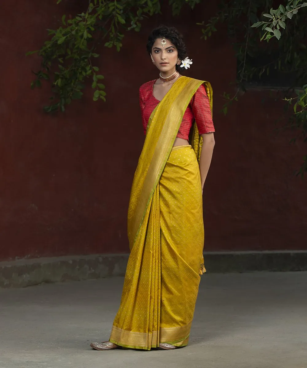 Handloom Yellow With Green Embossed Weave Katan Silk Banarasi Saree