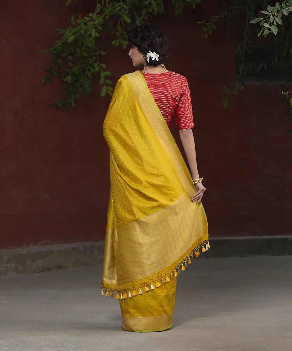 Handloom Yellow With Green Embossed Weave Katan Silk Banarasi Saree