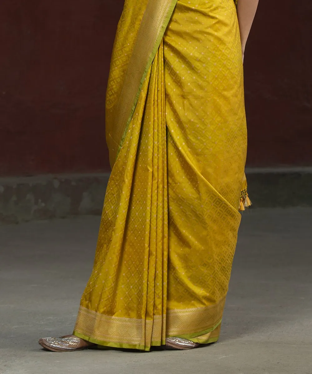 Handloom Yellow With Green Embossed Weave Katan Silk Banarasi Saree