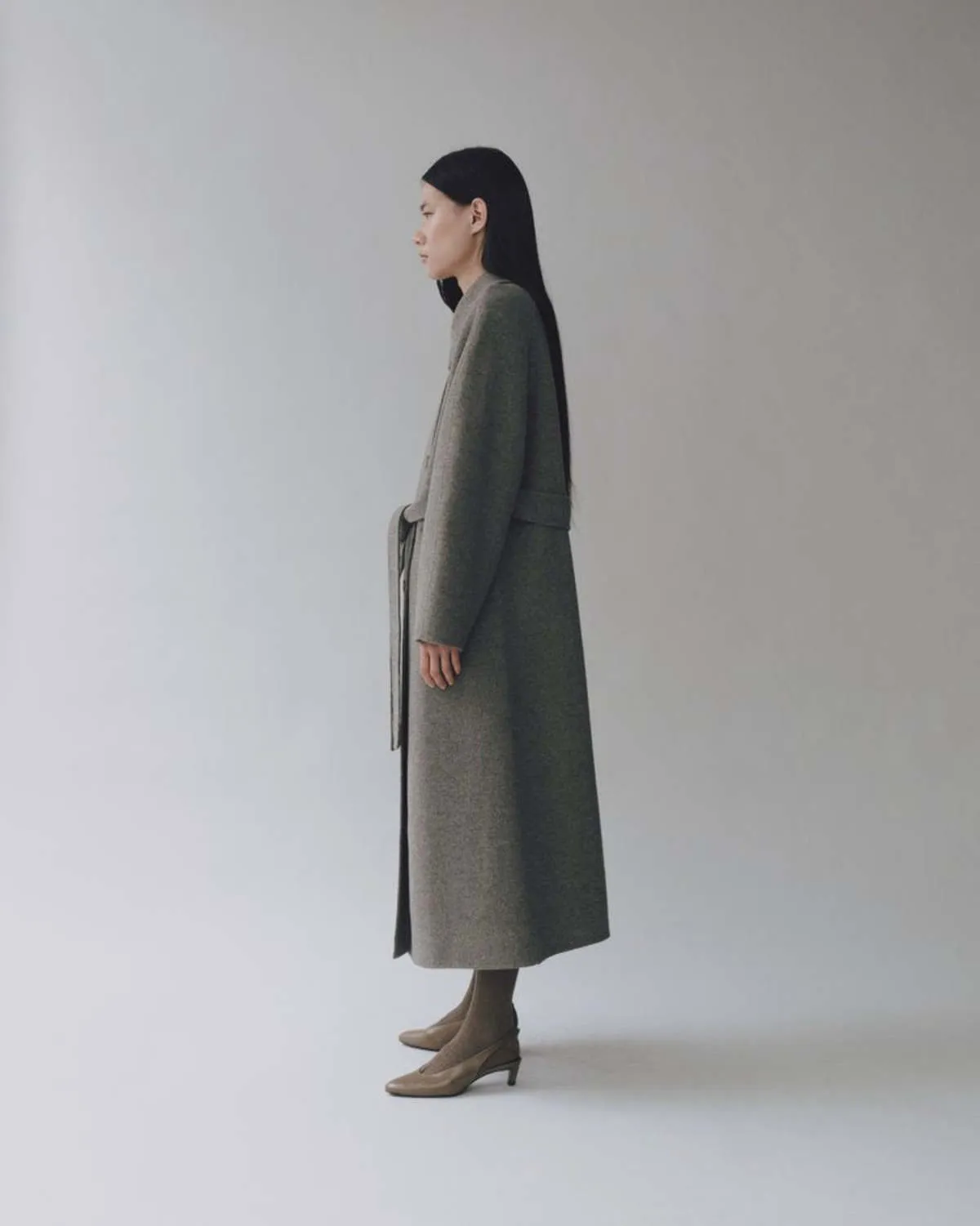 Handmade Long Wool Coat - Khaki Gray