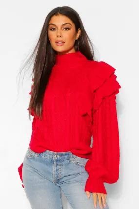 High Neck Ruffle Shoulder Sweater