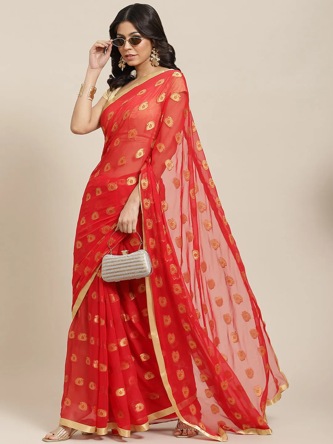 Ishin Poly Chiffon Red Bandhani Printed Women's Sarees with Blouse Piece