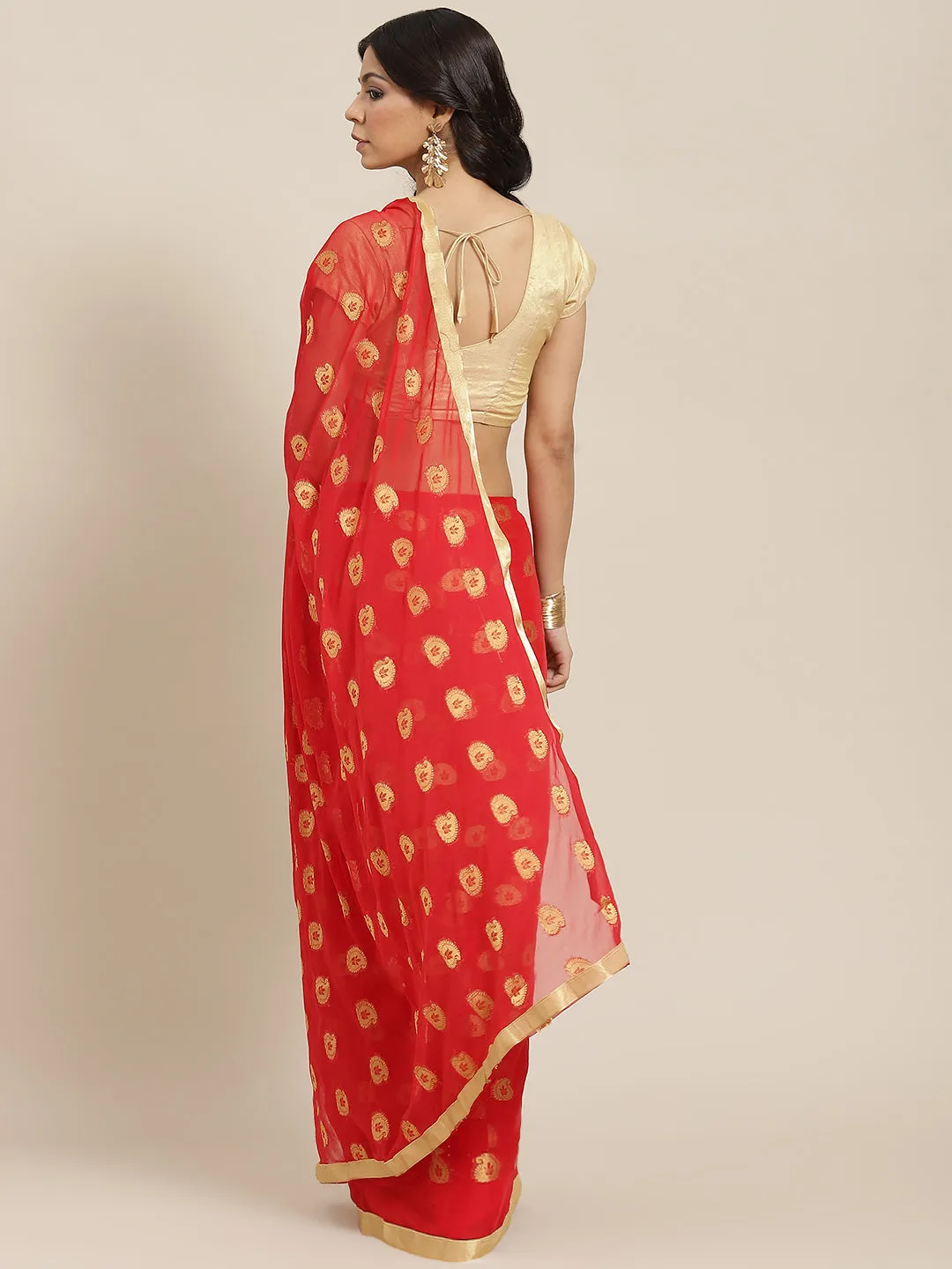 Ishin Poly Chiffon Red Bandhani Printed Women's Sarees with Blouse Piece