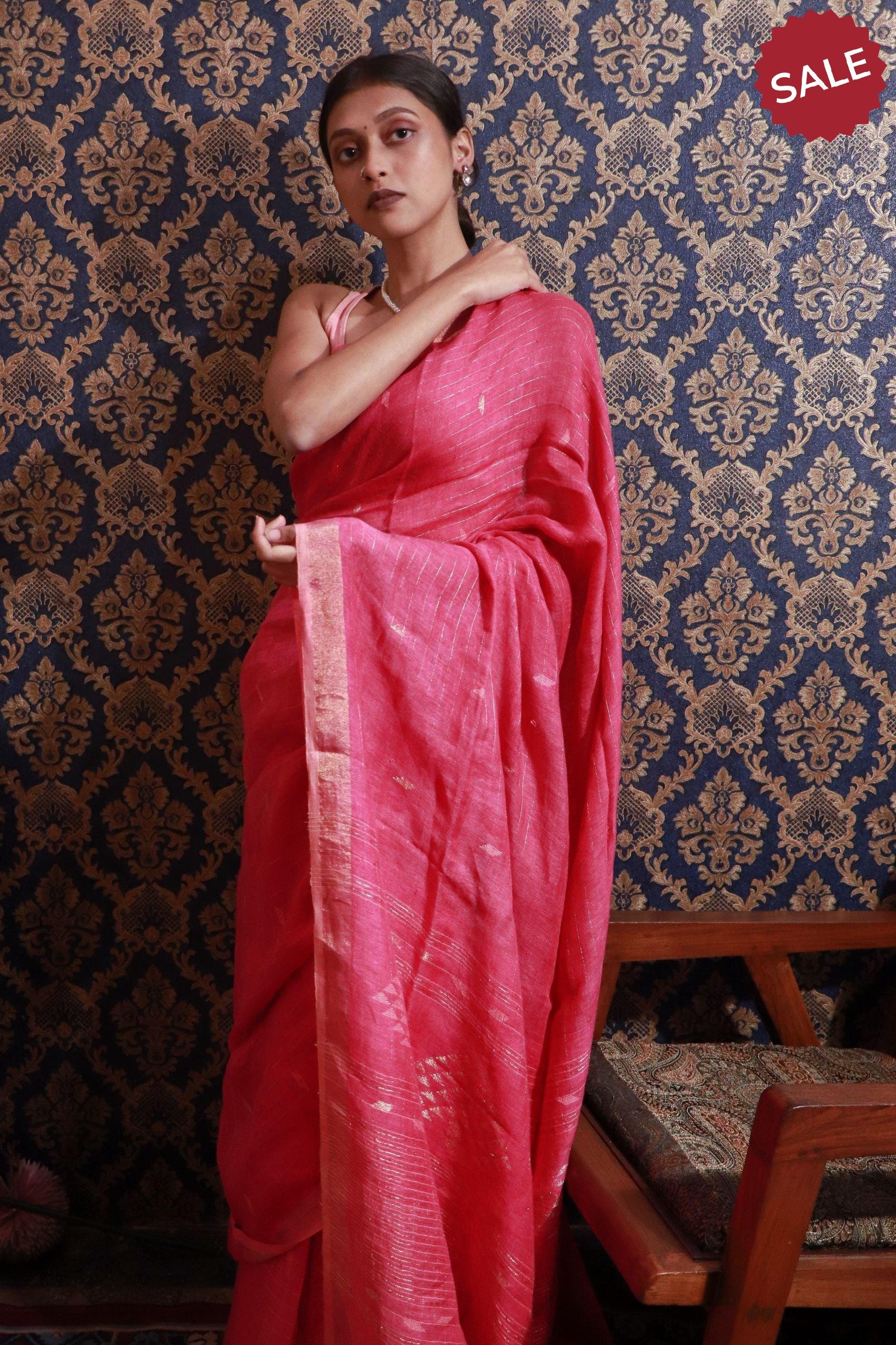 Kaisori Ekaya Gulab Jamdani Linen  saree