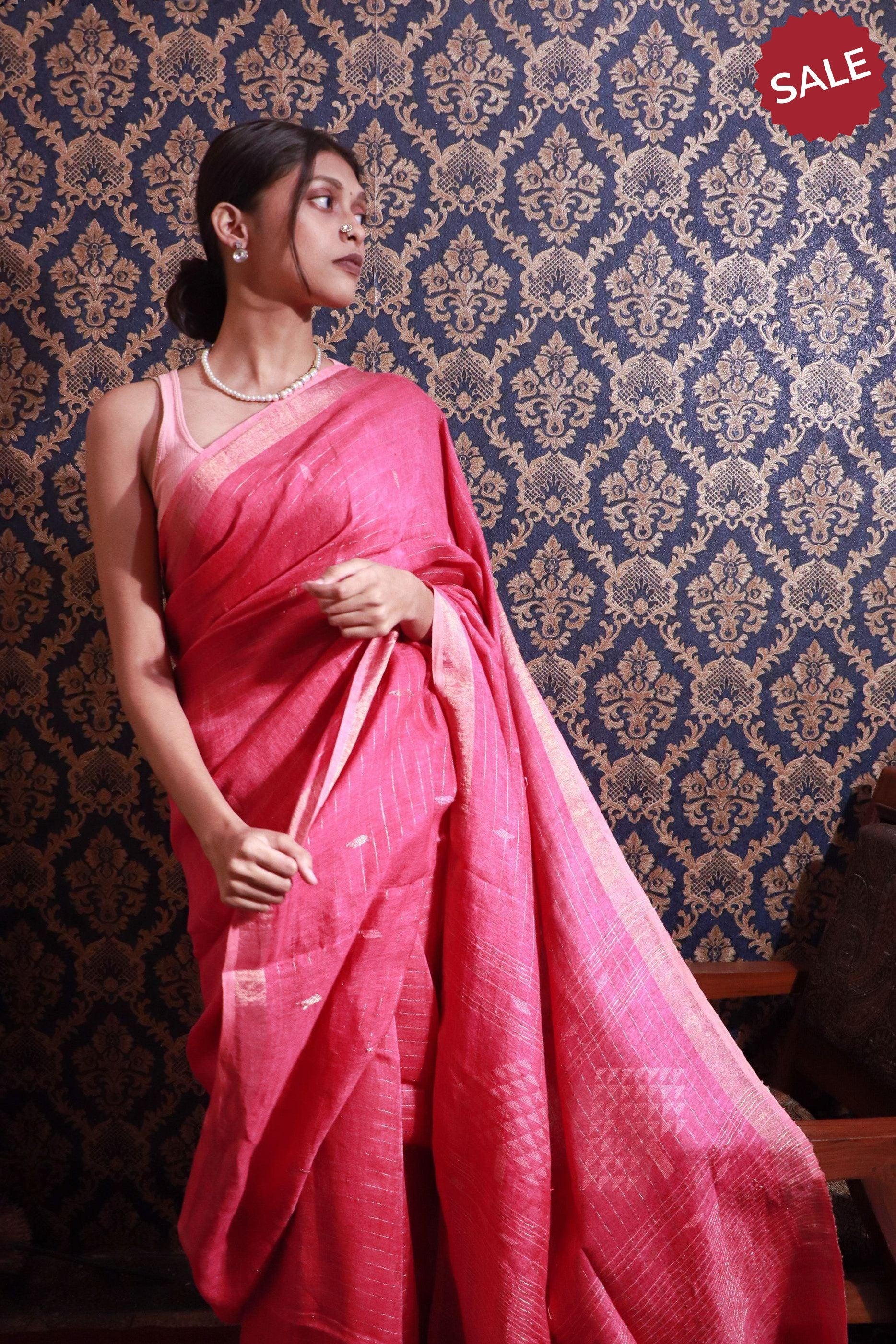 Kaisori Ekaya Gulab Jamdani Linen  saree