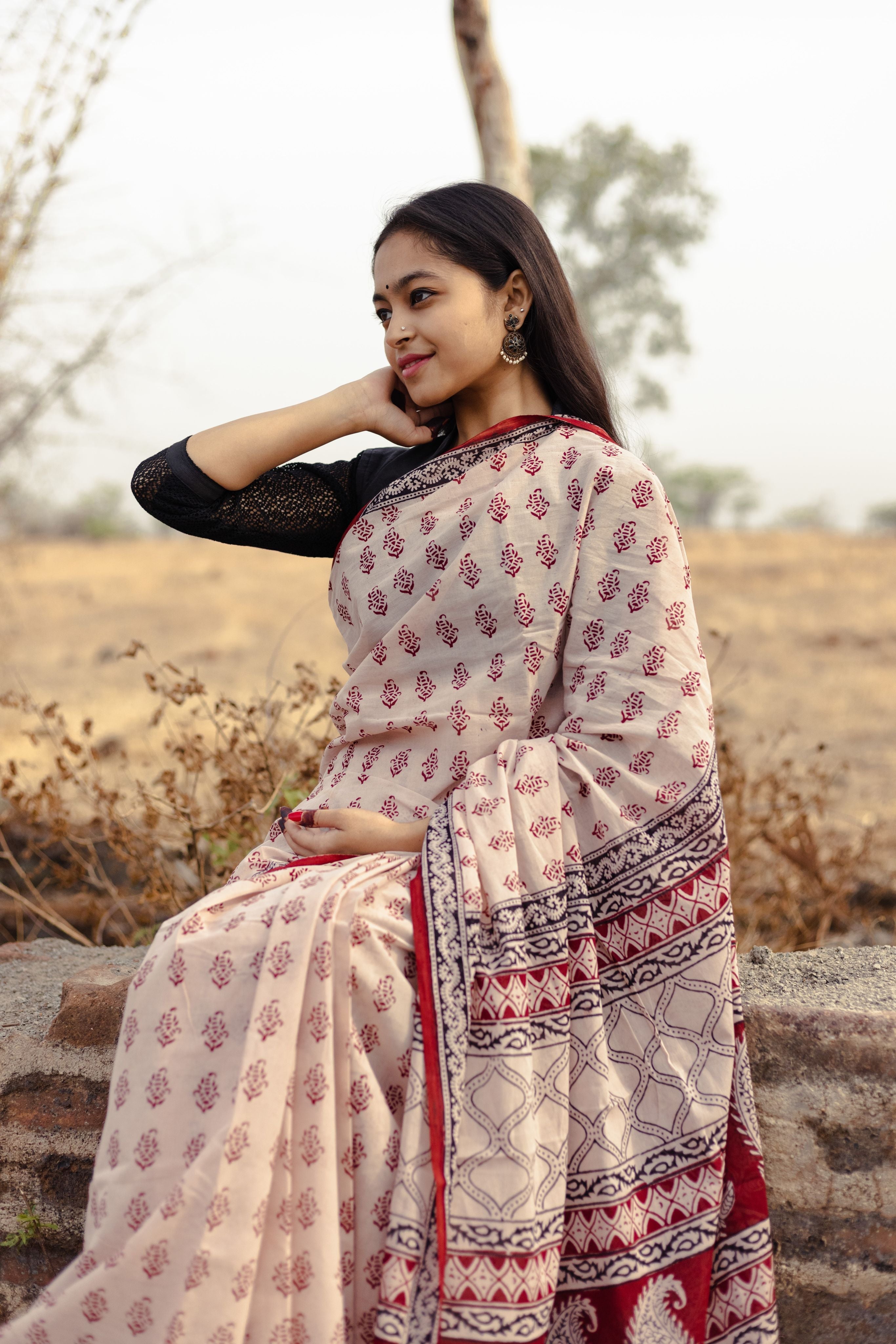 Kaisori Kali Jhumka handblockprinted cotton saree