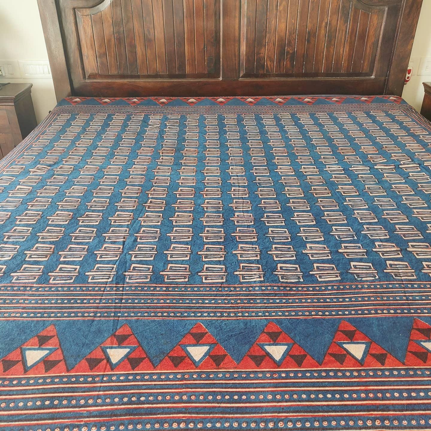 Kaisori Malhar DabU Indigo handblockprinted Balotra bedsheet