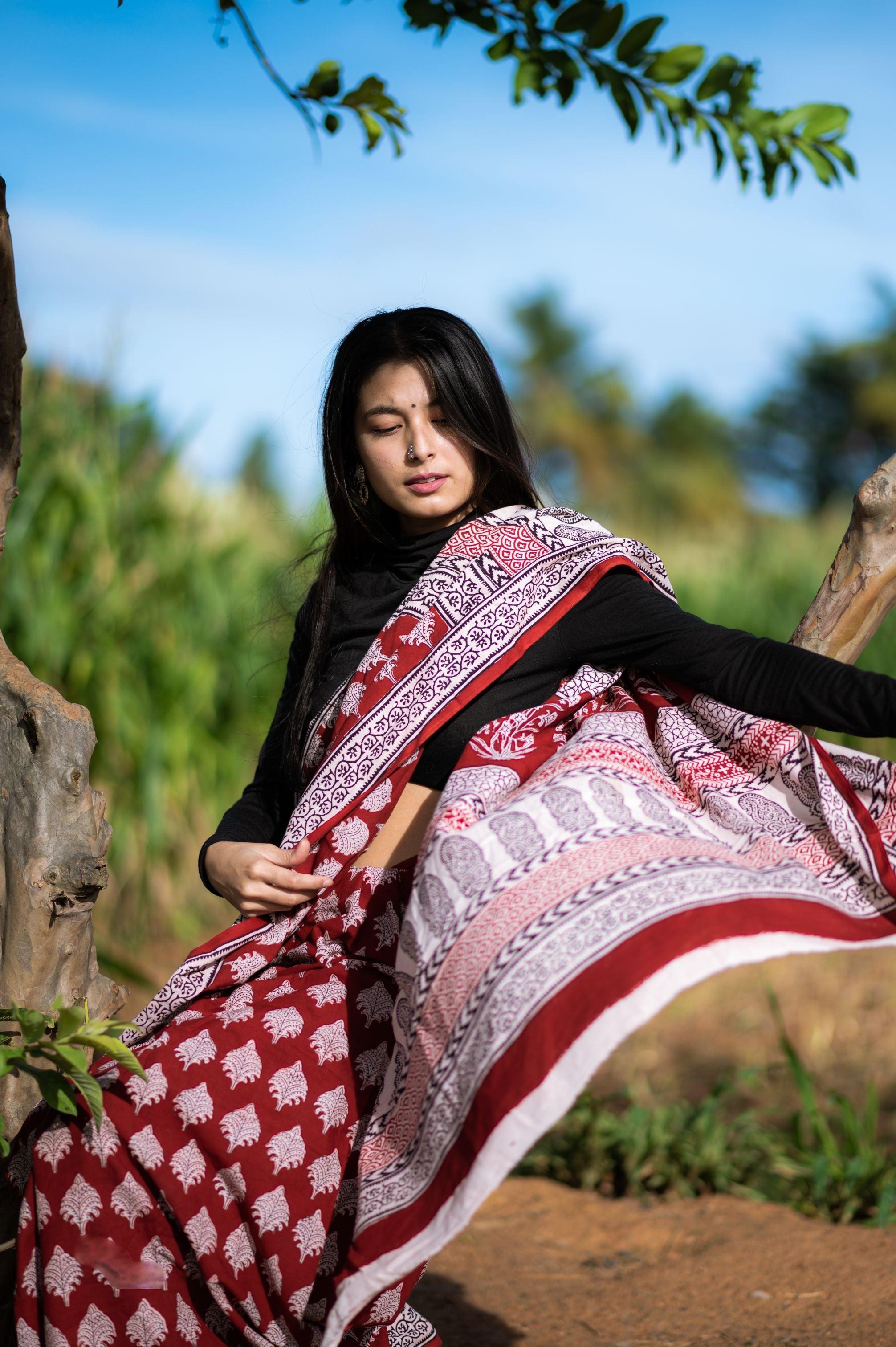 Kaisori Nandana Bagh handblockprinted cotton saree