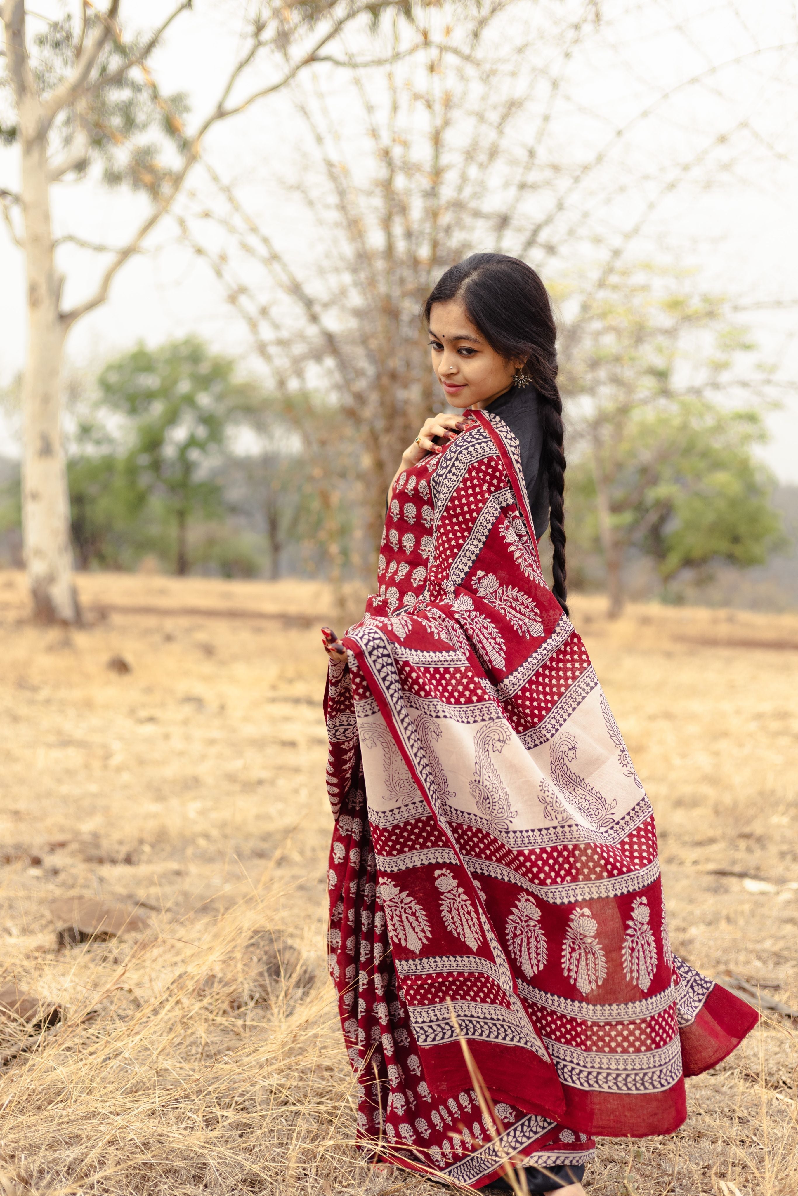 Kaisori Nandana Champa handblockprinted cotton saree