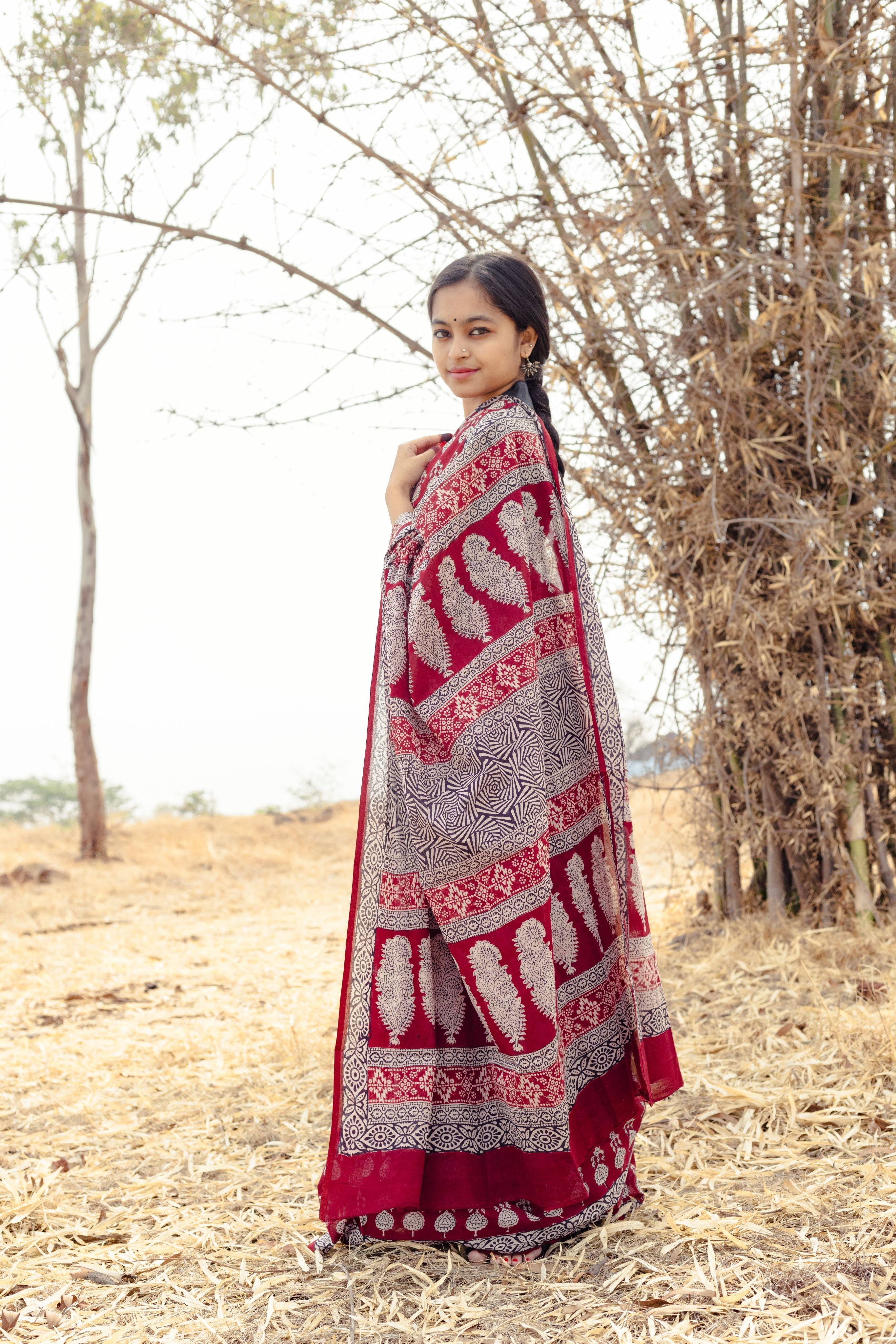 Kaisori Nandana Jhumka handblockprinted cotton saree