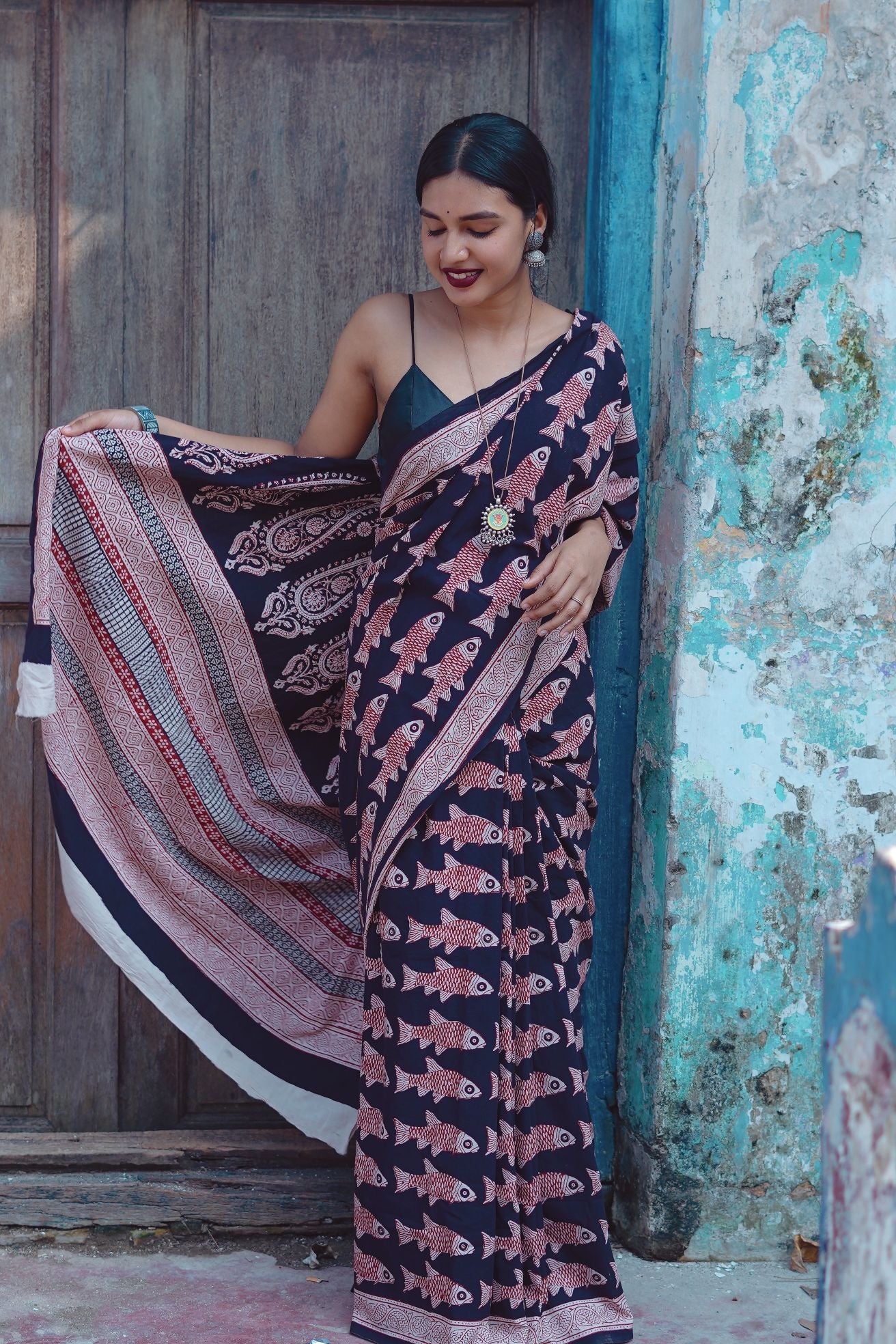 Kaisori Nandana Matsya handblockprinted cotton saree