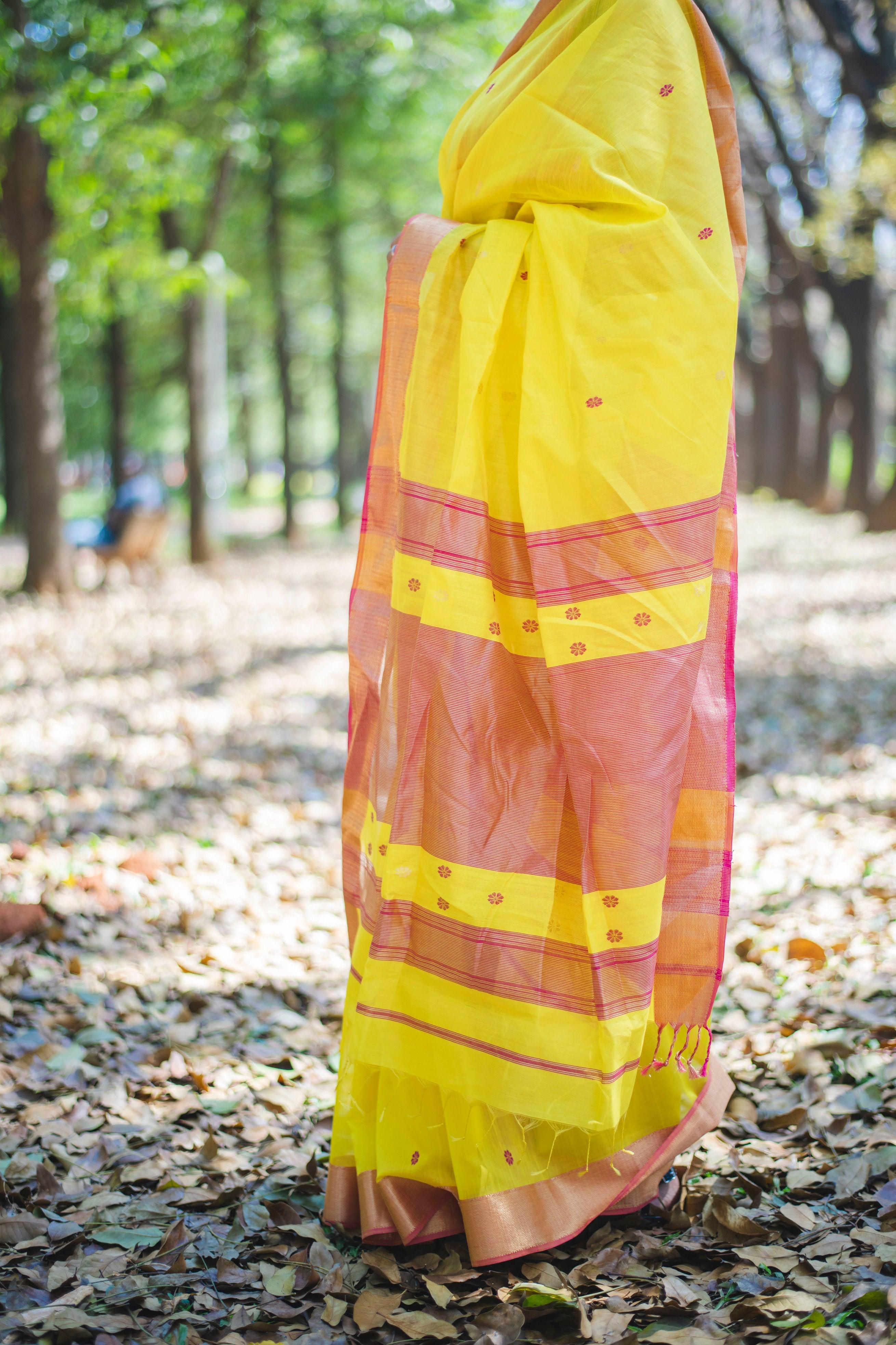 Kaisori  Yellow Boota Maheshwari saree