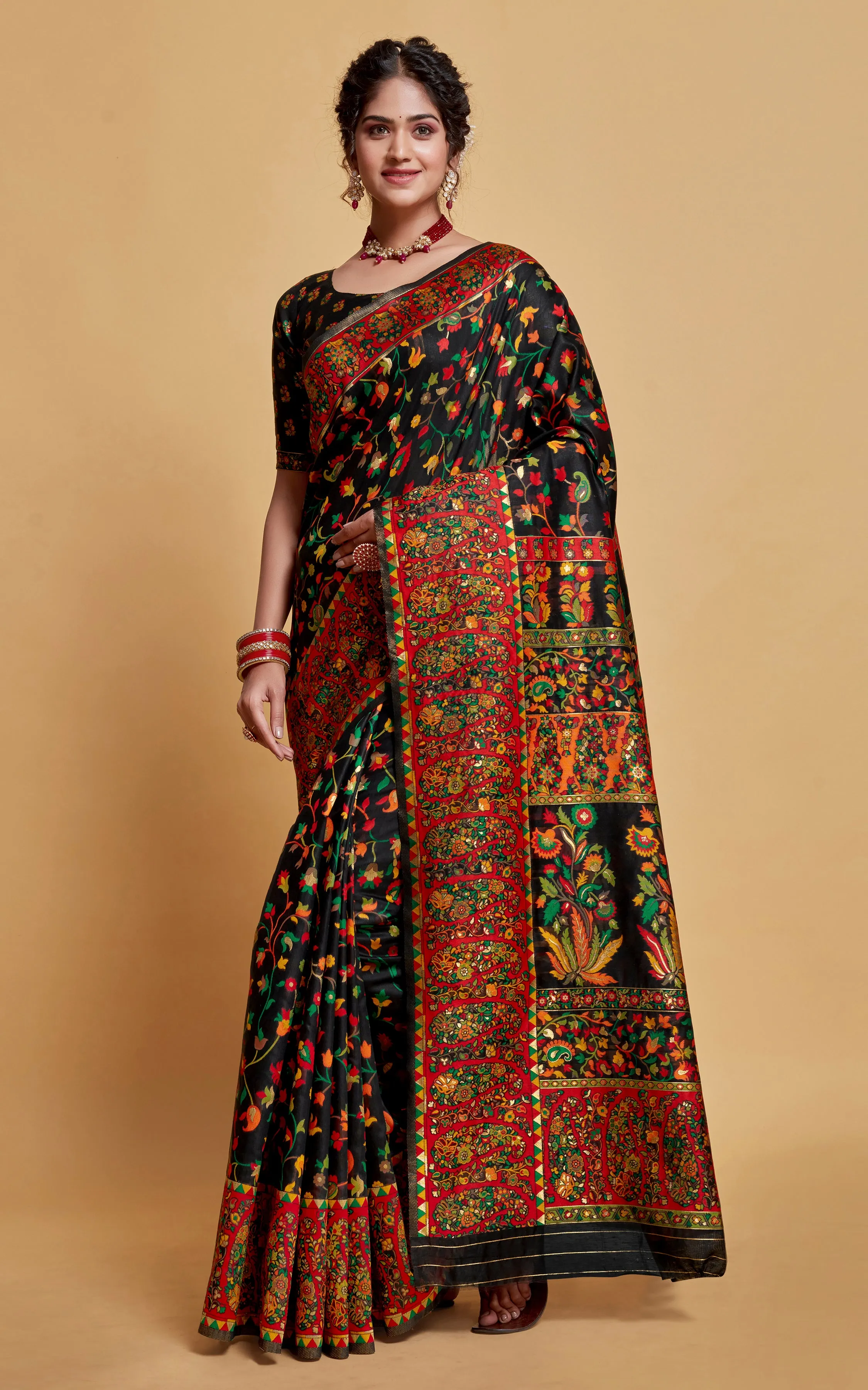 Kashmiri Handloom Modal Silk Woven Kani Saree In Black, Red and Multicolored