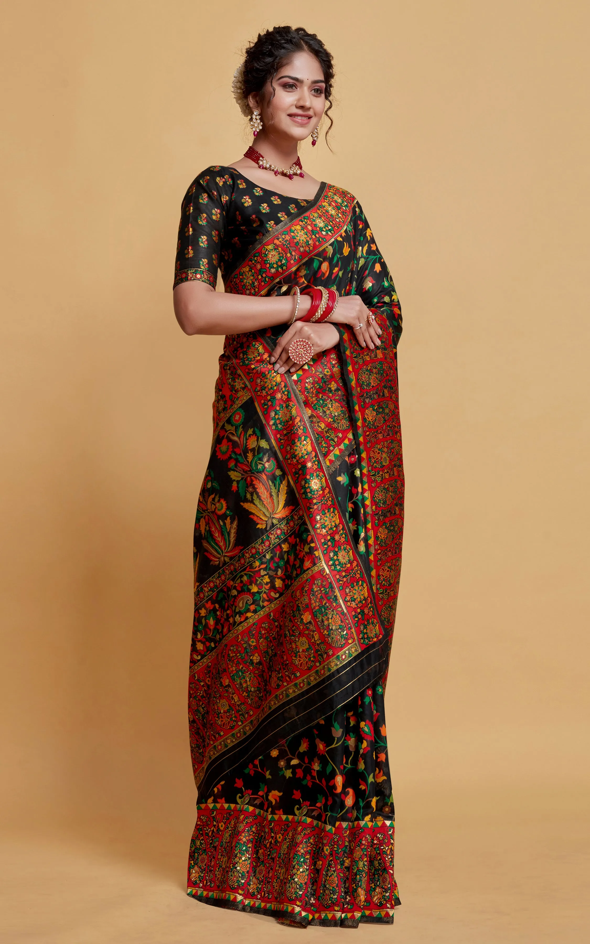 Kashmiri Handloom Modal Silk Woven Kani Saree In Black, Red and Multicolored