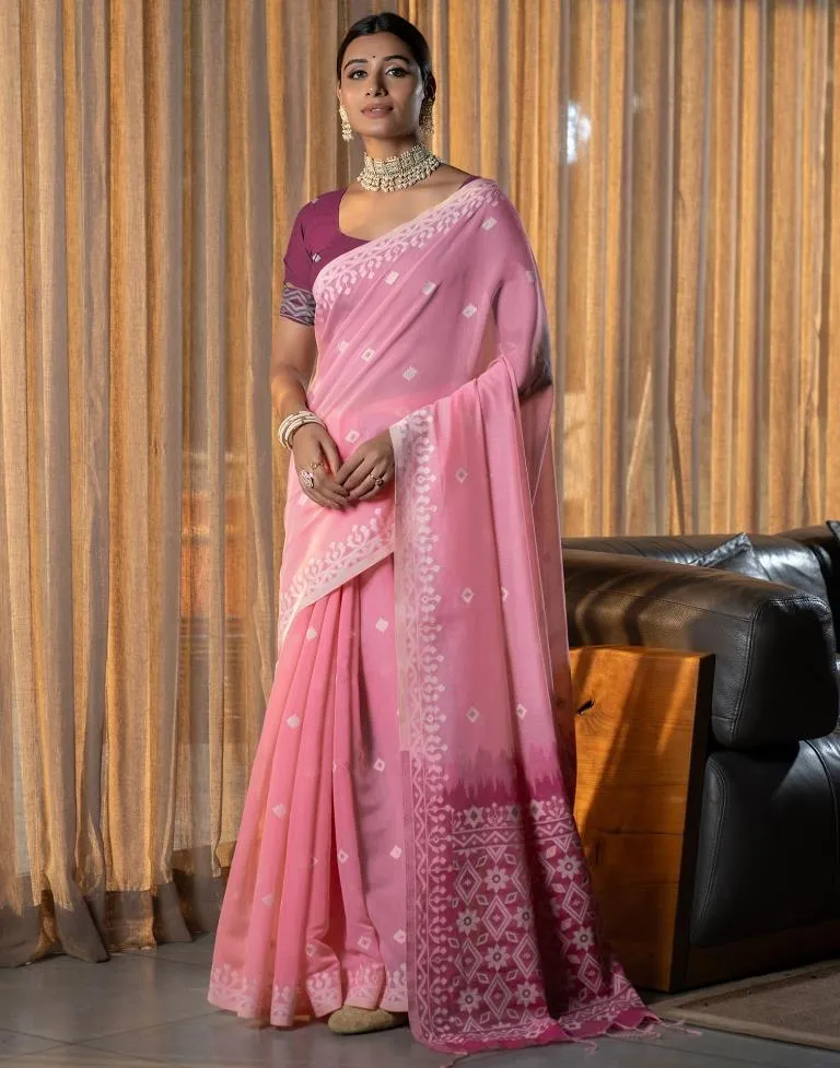 Light Pink Cotton Woven Sarees