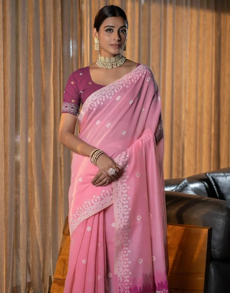 Light Pink Cotton Woven Sarees