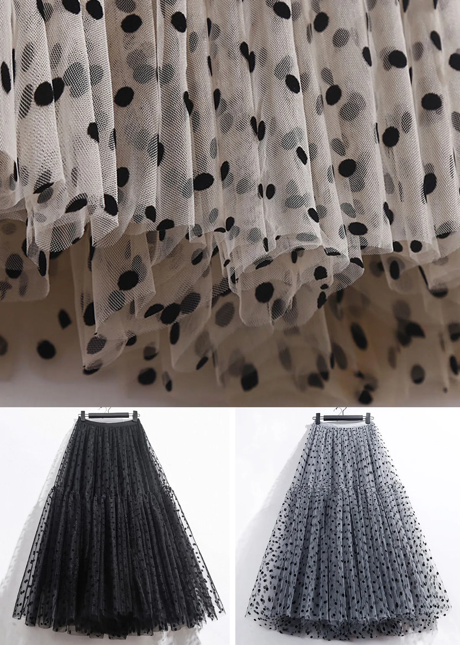 Loose Black Print Elastic Waist Tulle Skirts Summer AS1005