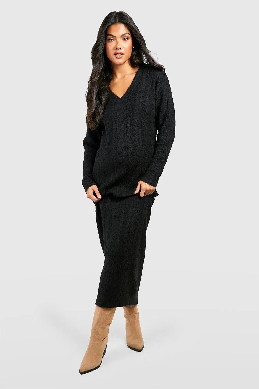 Maternity Cable Knit V Neck Midi Sweater Dress