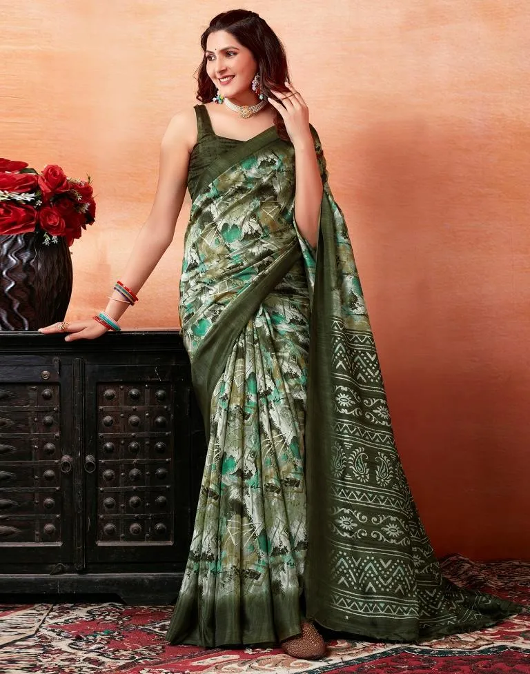 Mehandi Green Silk Printed Sarees