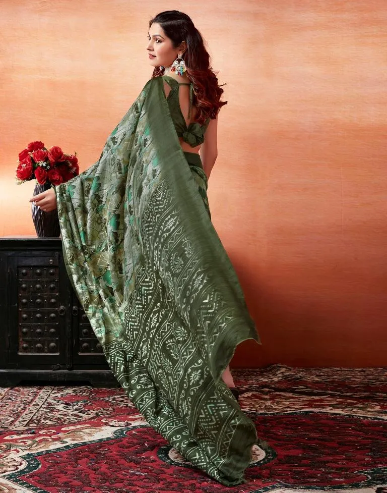 Mehandi Green Silk Printed Sarees