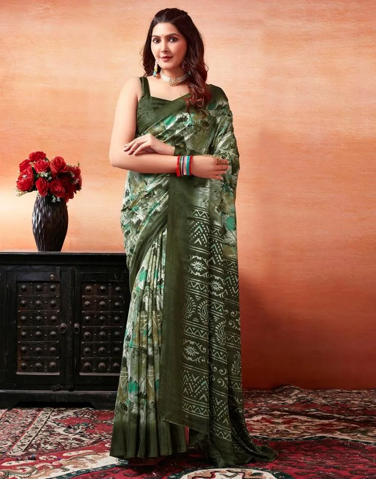 Mehandi Green Silk Printed Sarees