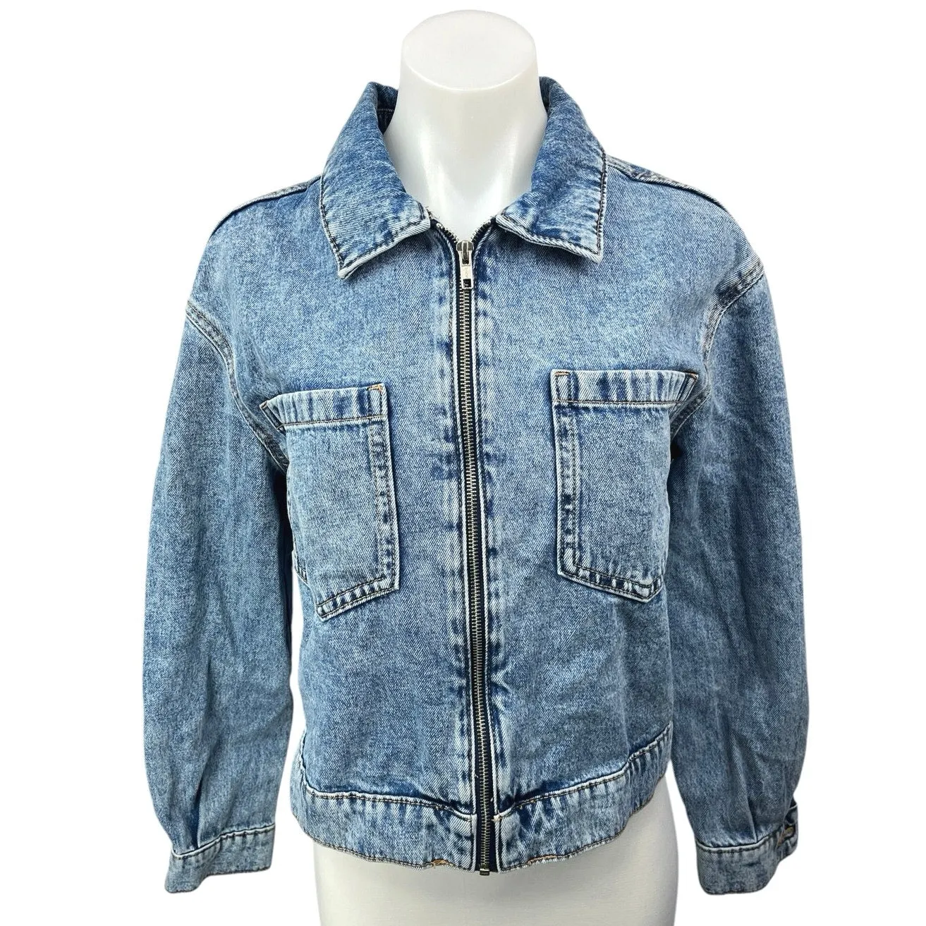 MNG Women's Blue Zip Up Collar Long Sleeve Medium Wash Jean Denim Coat Jacket S