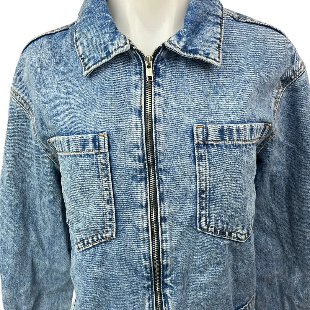 MNG Women's Blue Zip Up Collar Long Sleeve Medium Wash Jean Denim Coat Jacket S