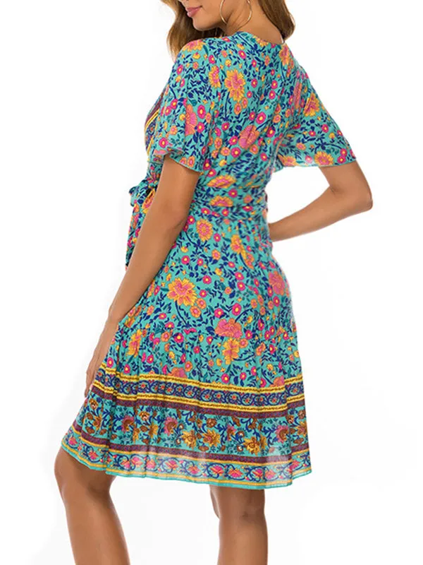 Momnfancy Bohemian Beach Skirts Short Sleeve Pleats Printing Maternity Dress