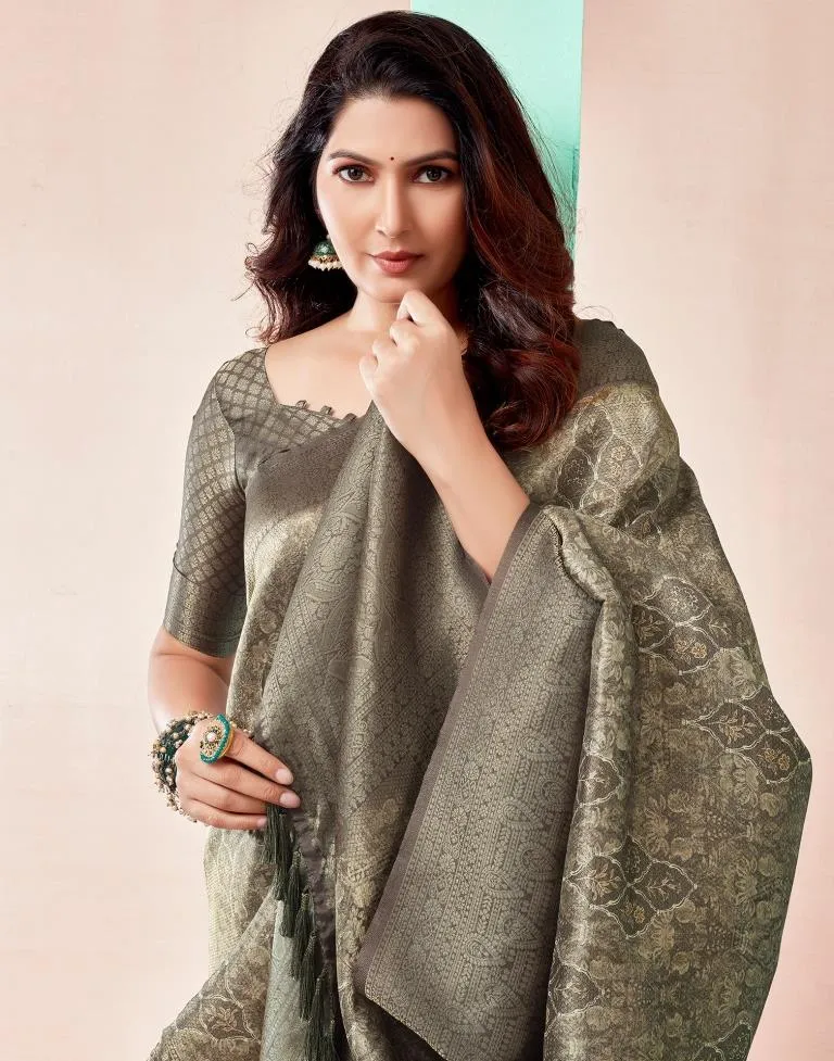 Moss Grey Silk Printed Sarees