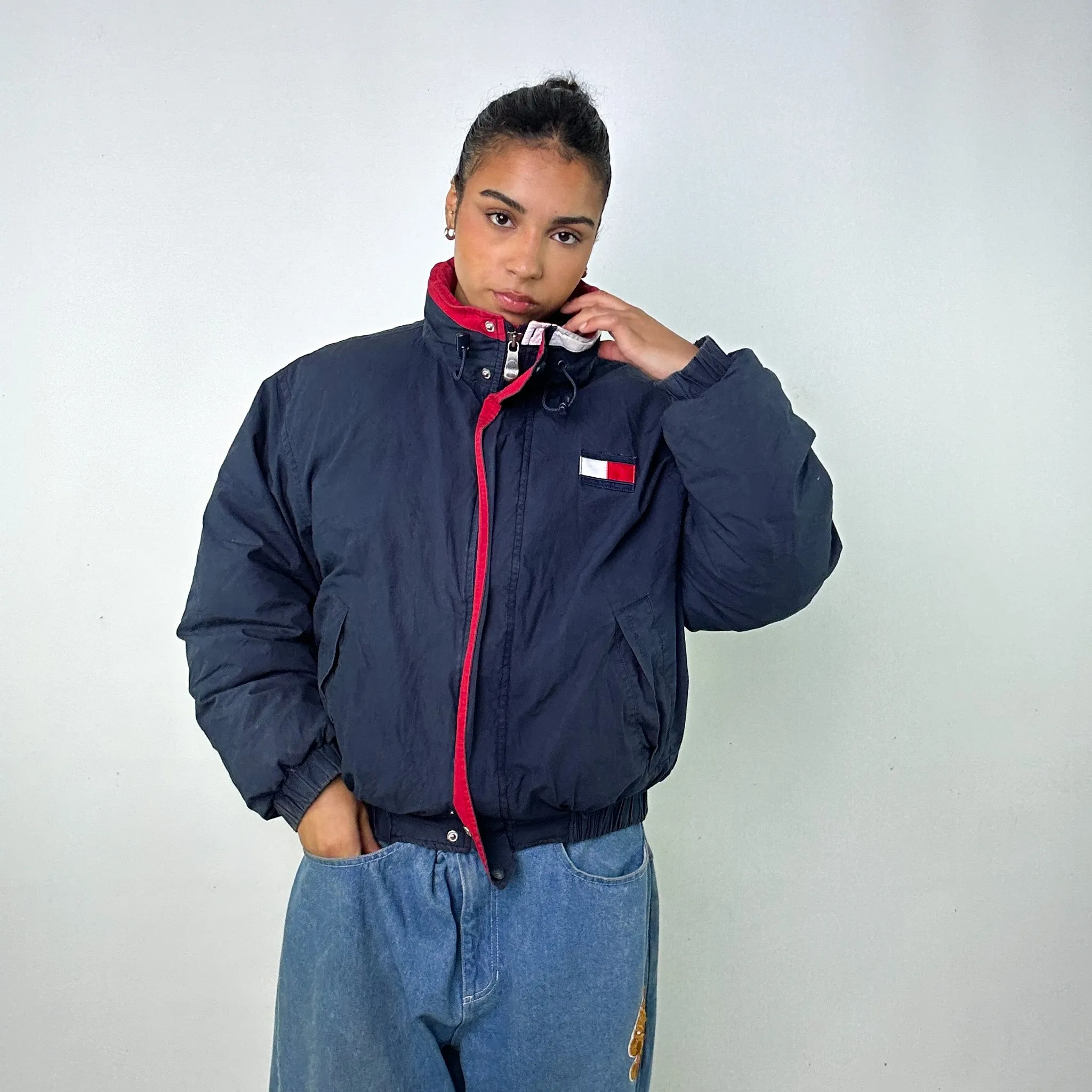 Navy Blue 90s Tommy Hilfiger Puffer Jacket Coat (M)