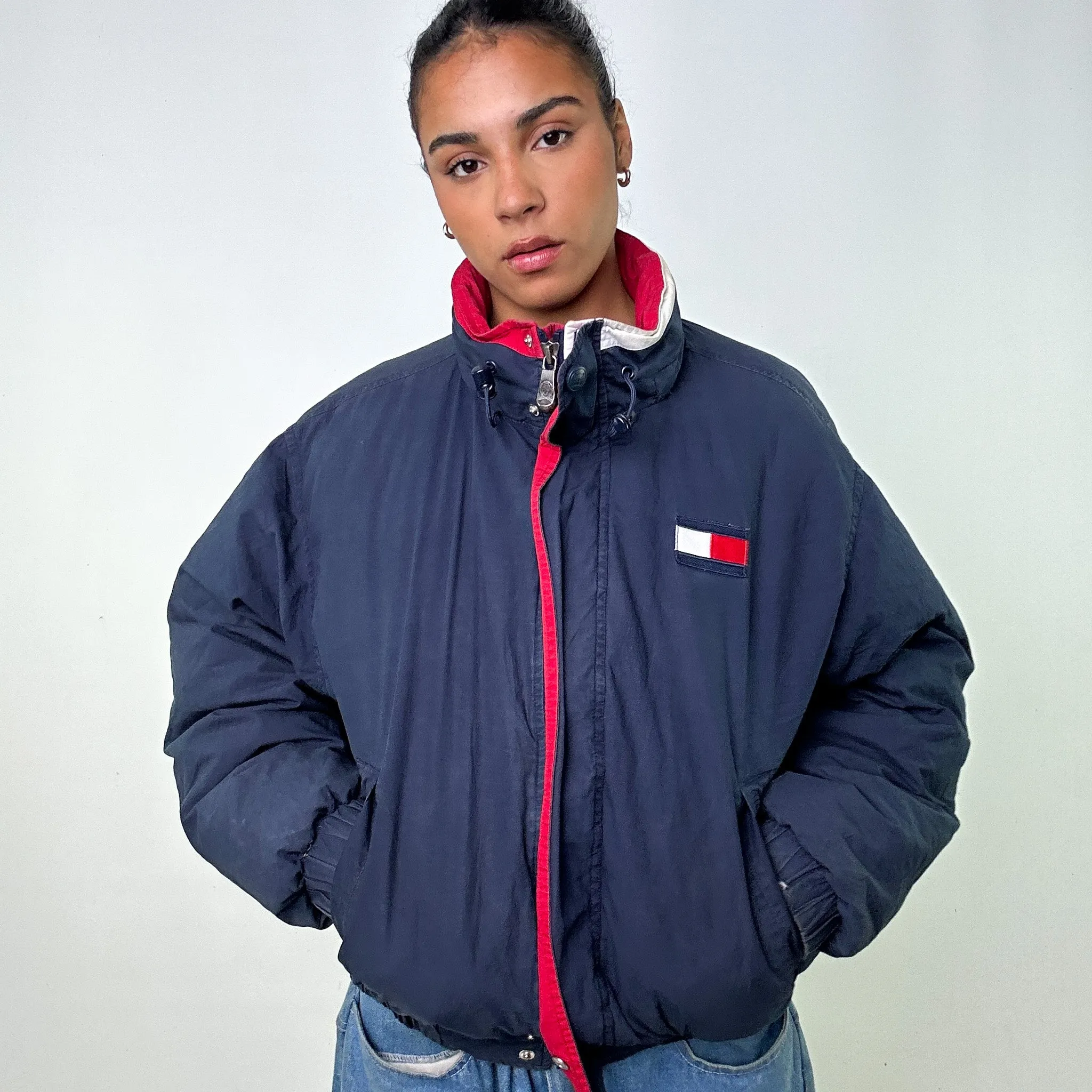 Navy Blue 90s Tommy Hilfiger Puffer Jacket Coat (M)