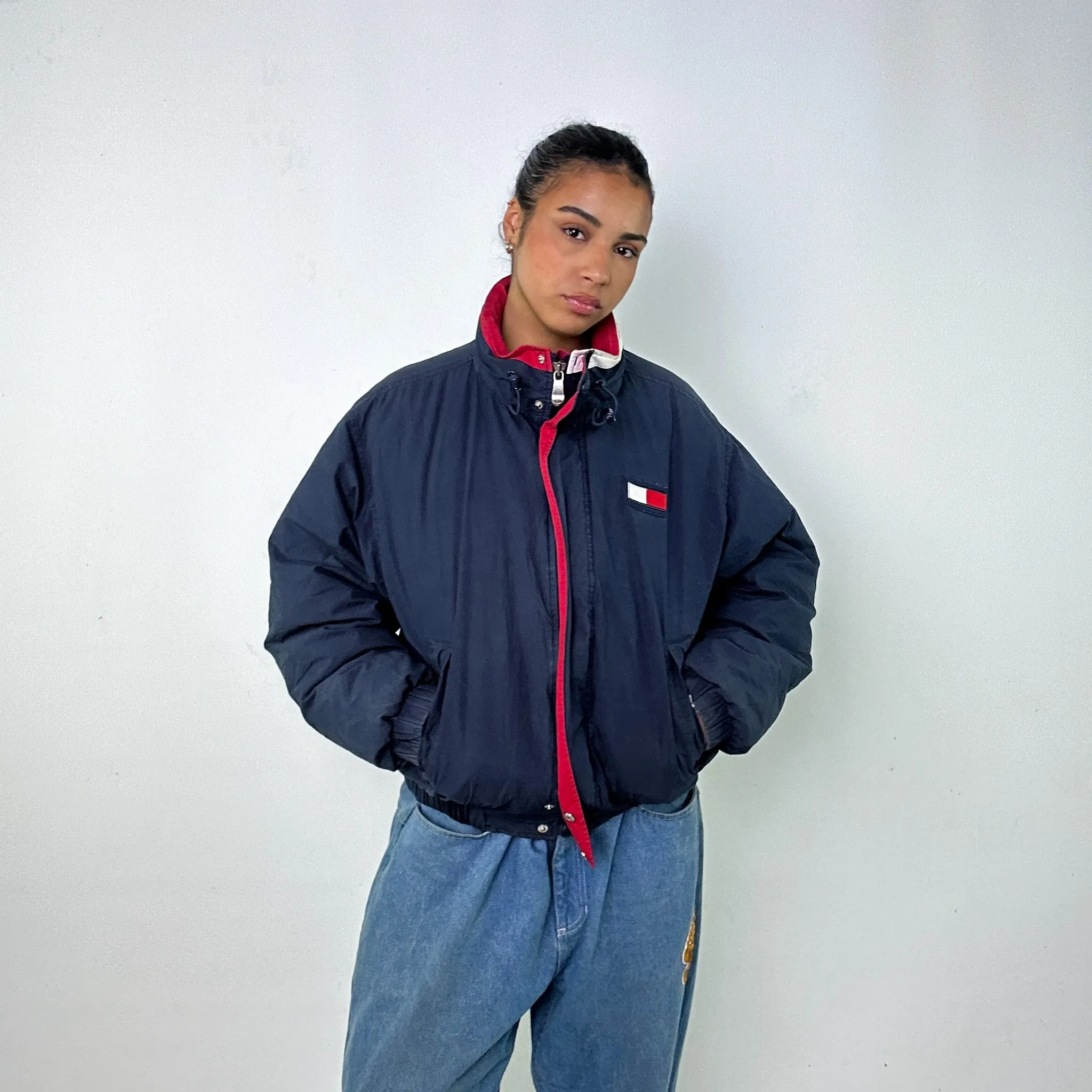 Navy Blue 90s Tommy Hilfiger Puffer Jacket Coat (M)